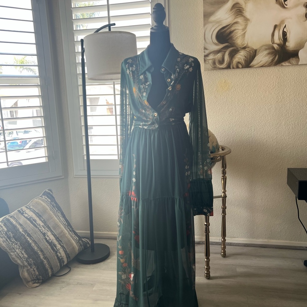 Sheer Embroidered Forest Green Maxi Dress